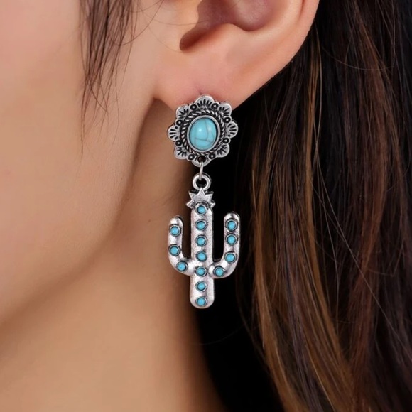 Turquoise and Silver Cactus Earrings - Picture 2 of 4